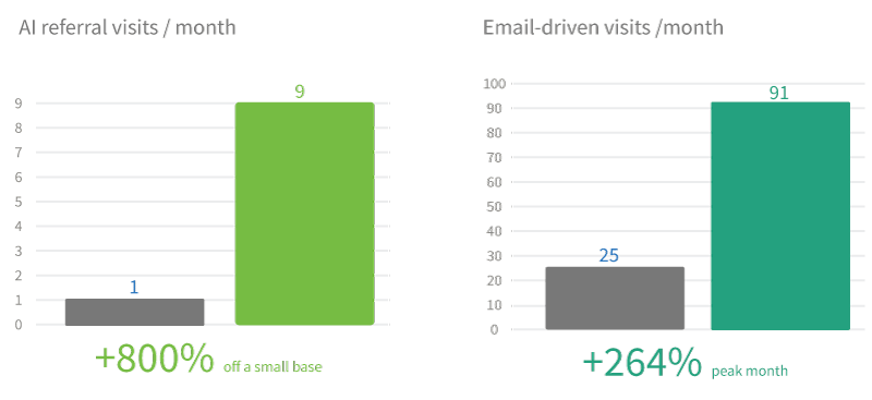 Bar chart showing a B2B client's fastest-growing traffic channels from January to July: AI referral visits grew from 1 to 9 per month, an 800% increase, and email-driven blog visits grew from 25 to 91 per month, a 264% increase.